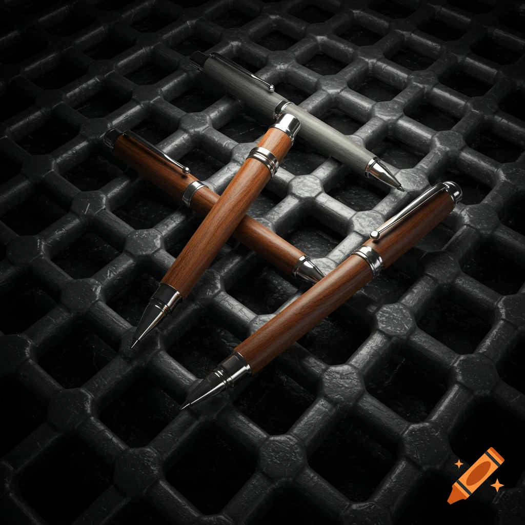 Four elegant pens, three wooden and one grey, lie on a dark metallic grate with dramatic lighting.