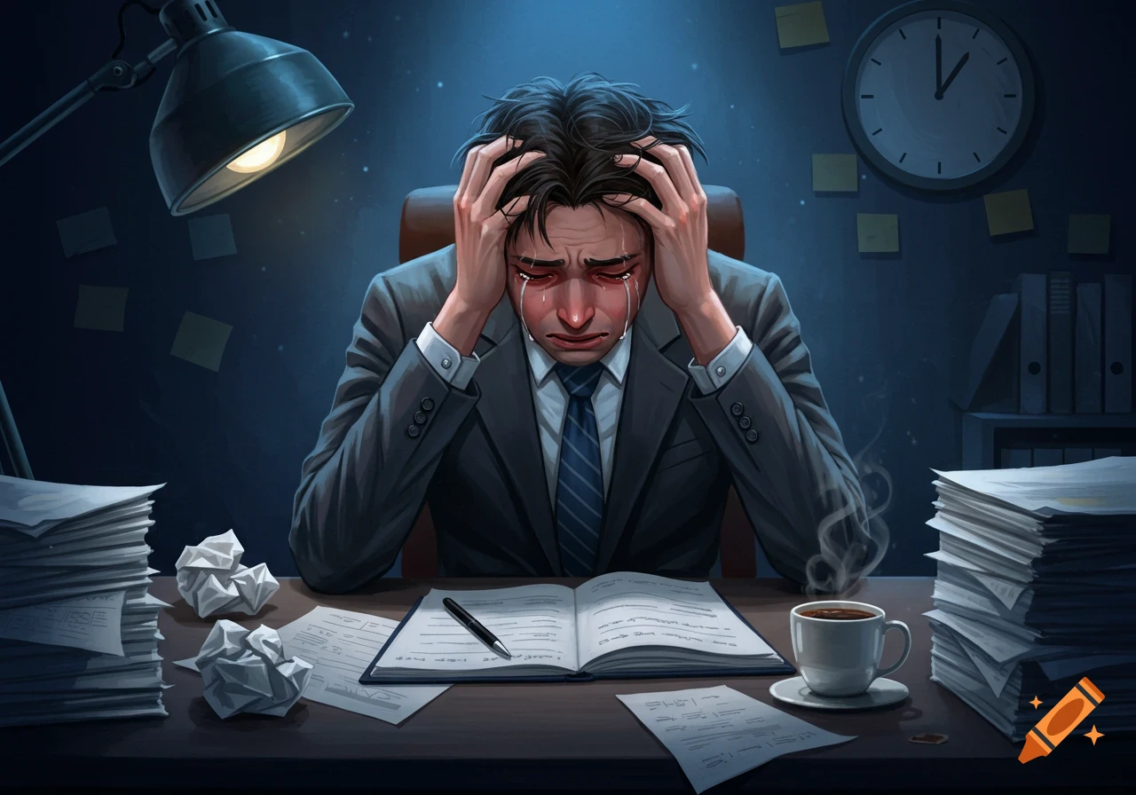 A stressed manager sits at an office desk, hands on head, crying amidst stacks of papers and coffee.