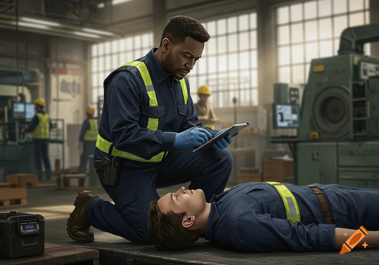 A worker in a blue uniform and safety vest kneels over an injured colleague in a factory, holding a tablet and pen.