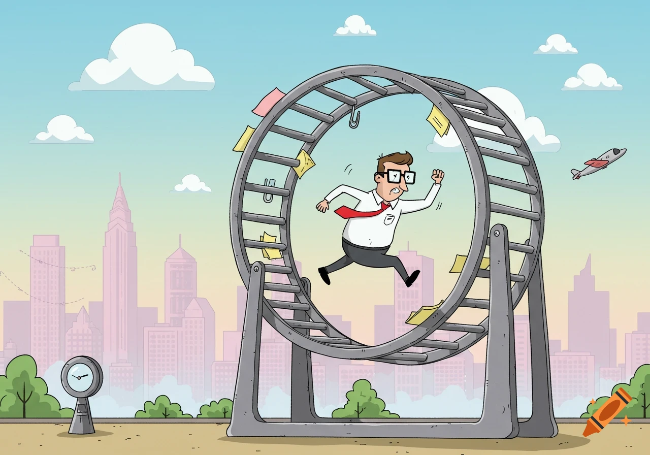 A cartoon office worker, stressed and sweating, runs inside a large hamster wheel. Papers are stuck to the wheel. A city skyline and a clock are in the background.