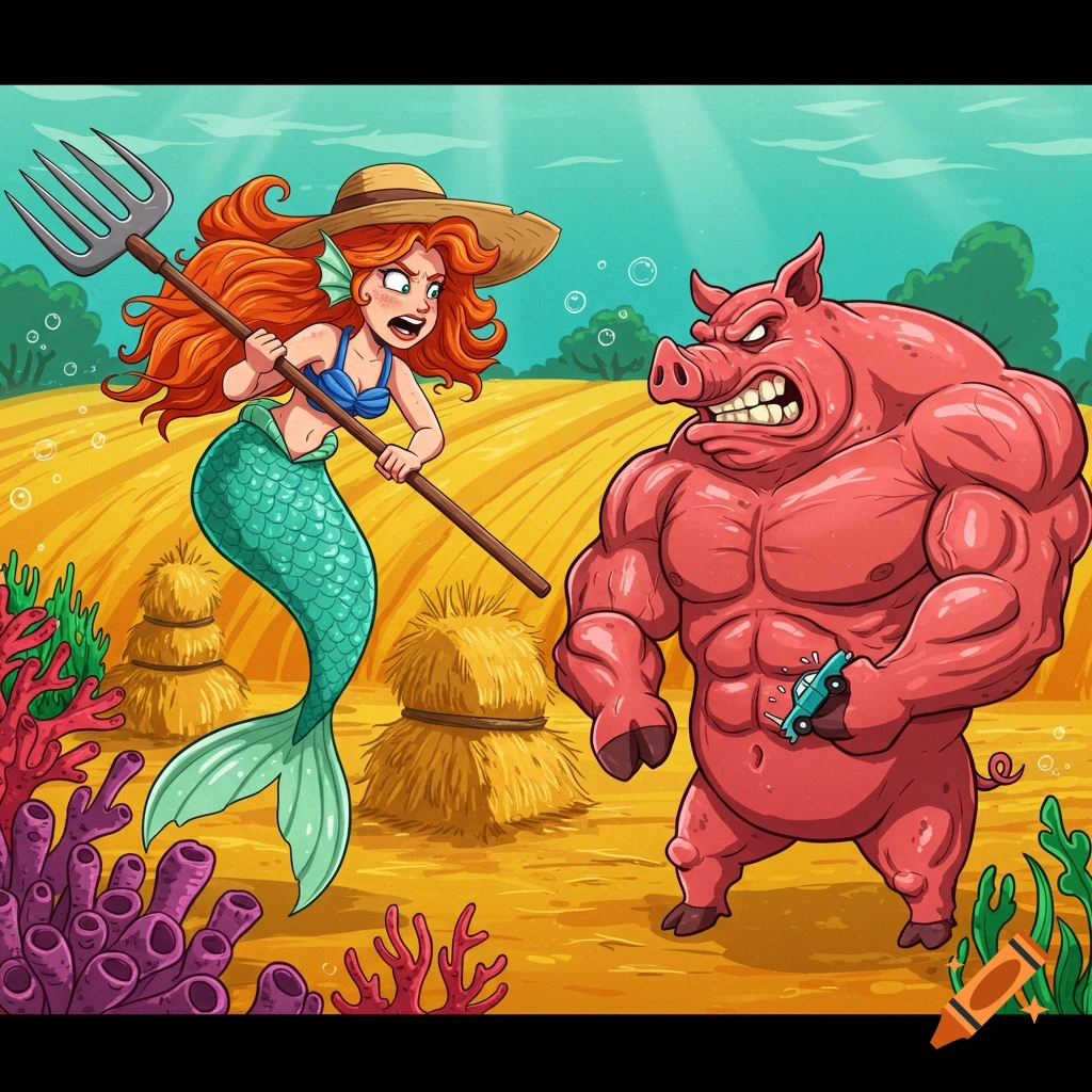 Cartoon red-haired mermaid farmer with a pitchfork fighting a muscular red pig holding a small car in an underwater field.