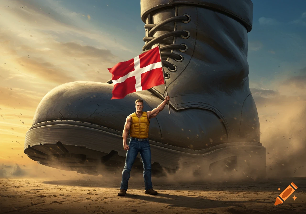 A muscular man in a yellow vest and jeans waves a Danish flag on dusty ground, standing before a gigantic boot under a dramatic sky.
