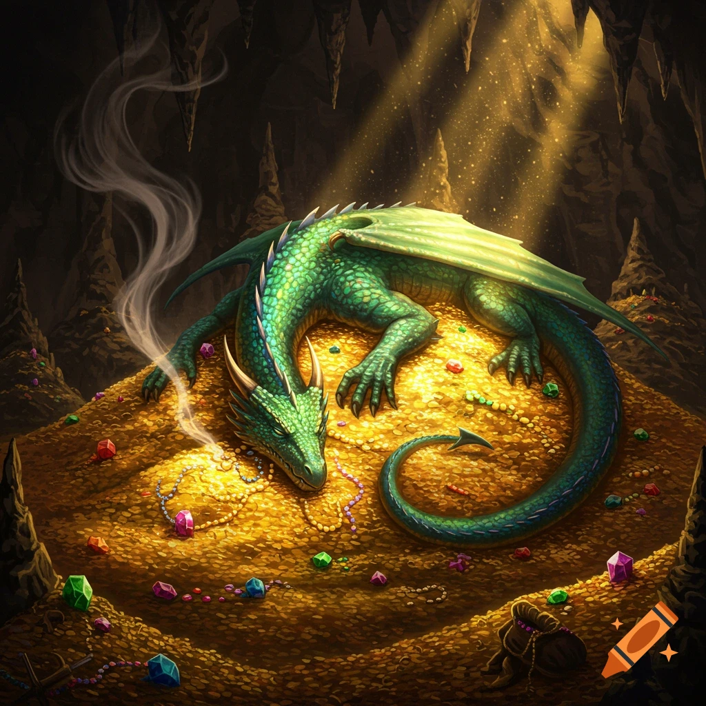 A vibrant green dragon lies on a huge pile of gold and colorful gems in a dark cave, illuminated by golden light rays.