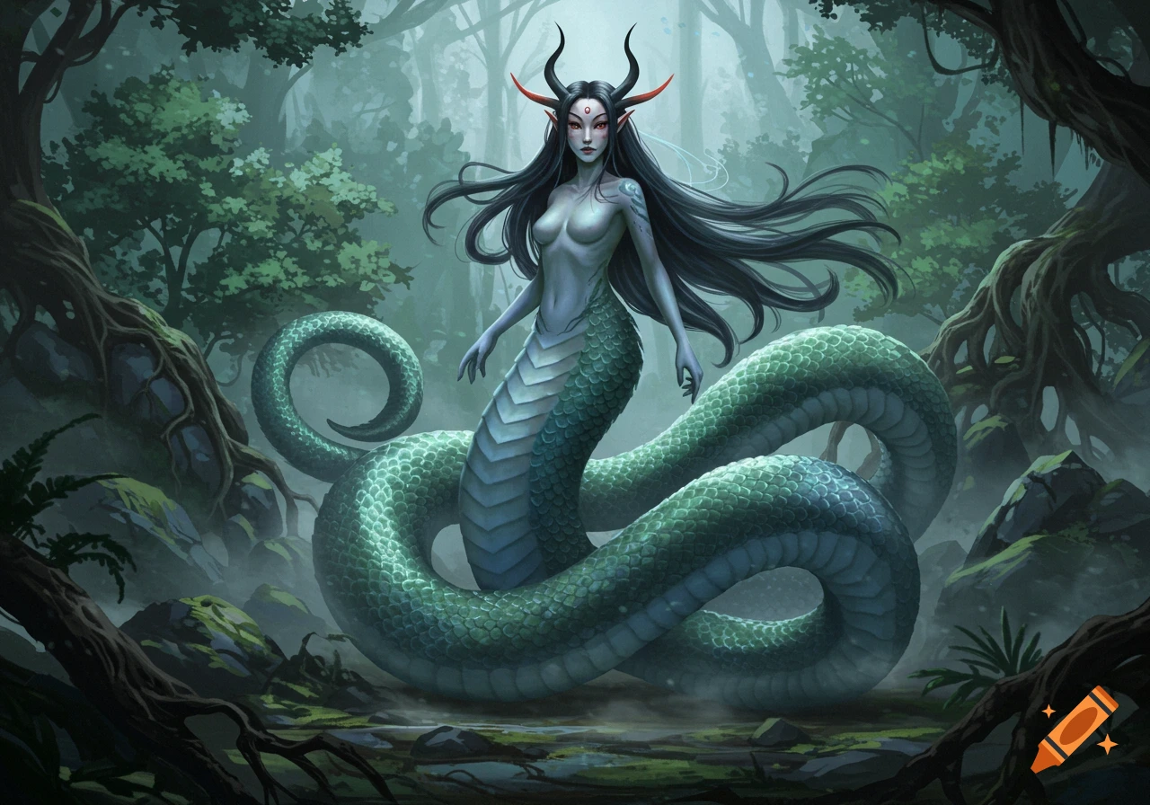 A mystical Nure-onna, a woman with dark hair and red horns atop a green snake's body, stands in a misty forest.