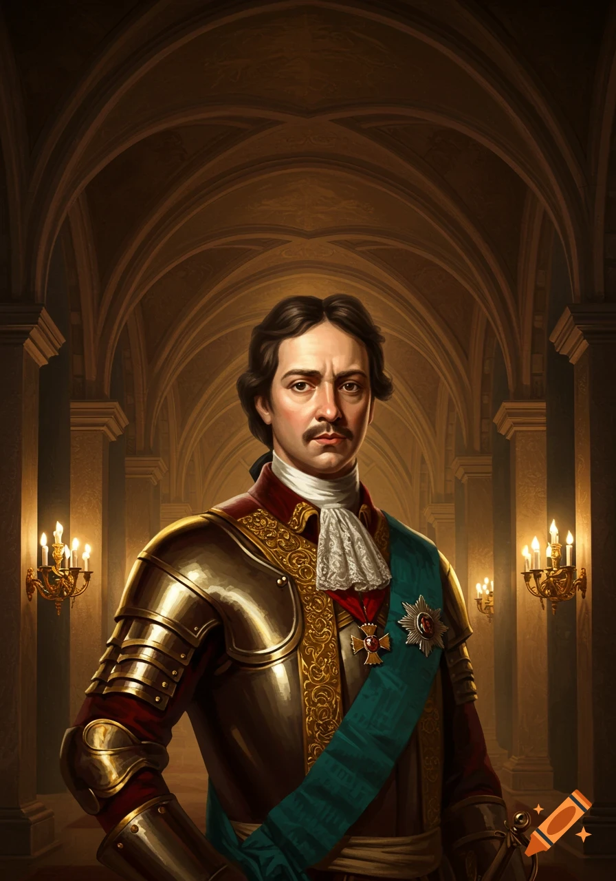 A formal portrait of Peter the Great in golden armor, a white cravat, and a teal sash, standing in a grand arched hall with chandeliers.