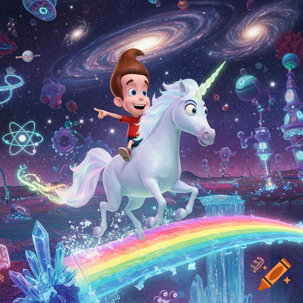 Animated Jimmy Neutron rides a white unicorn over a rainbow bridge in a vibrant space scene with galaxies and crystals.