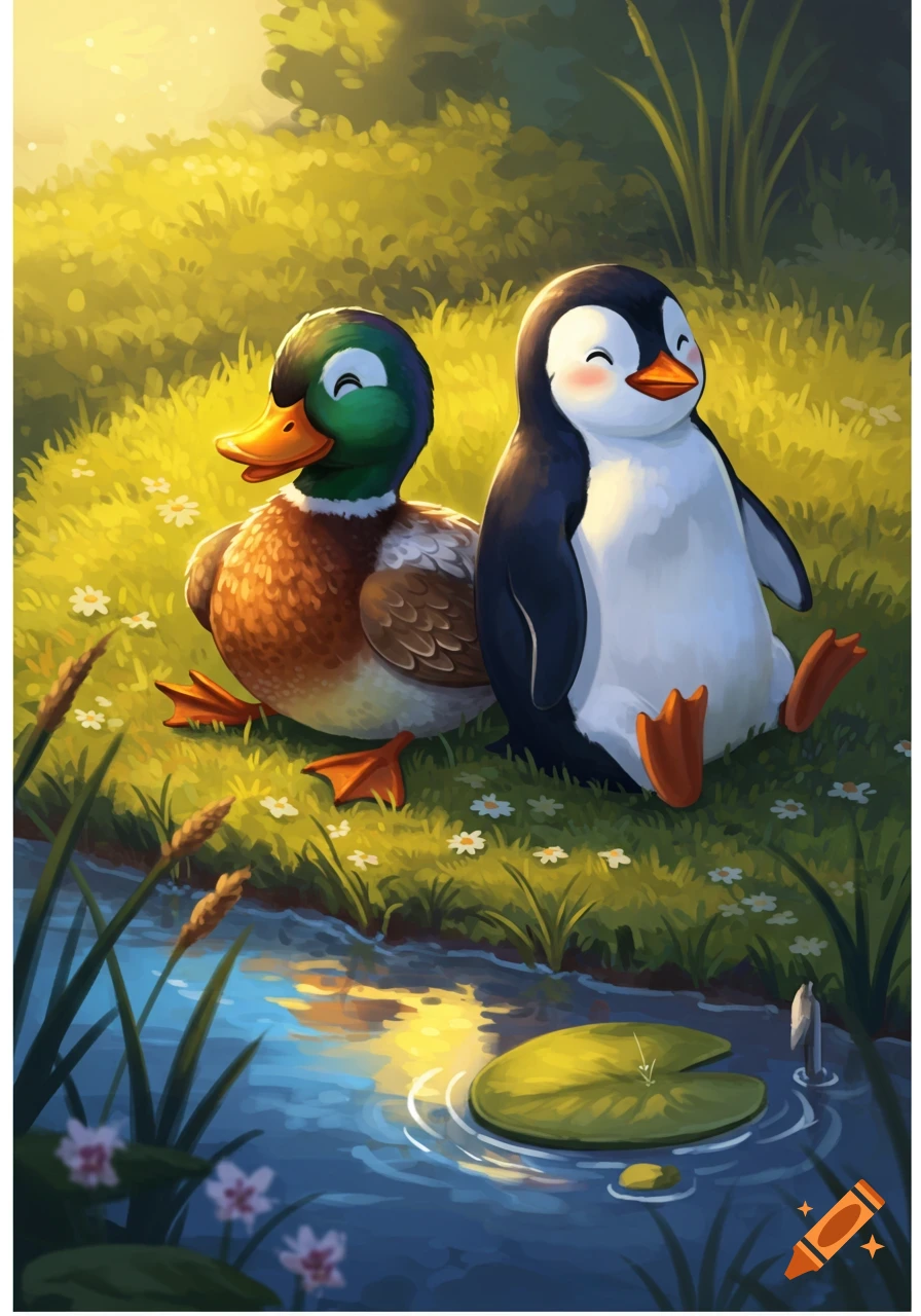 A happy cartoon duck and penguin sit by a reflective stream in a sunny, grassy field with white flowers.