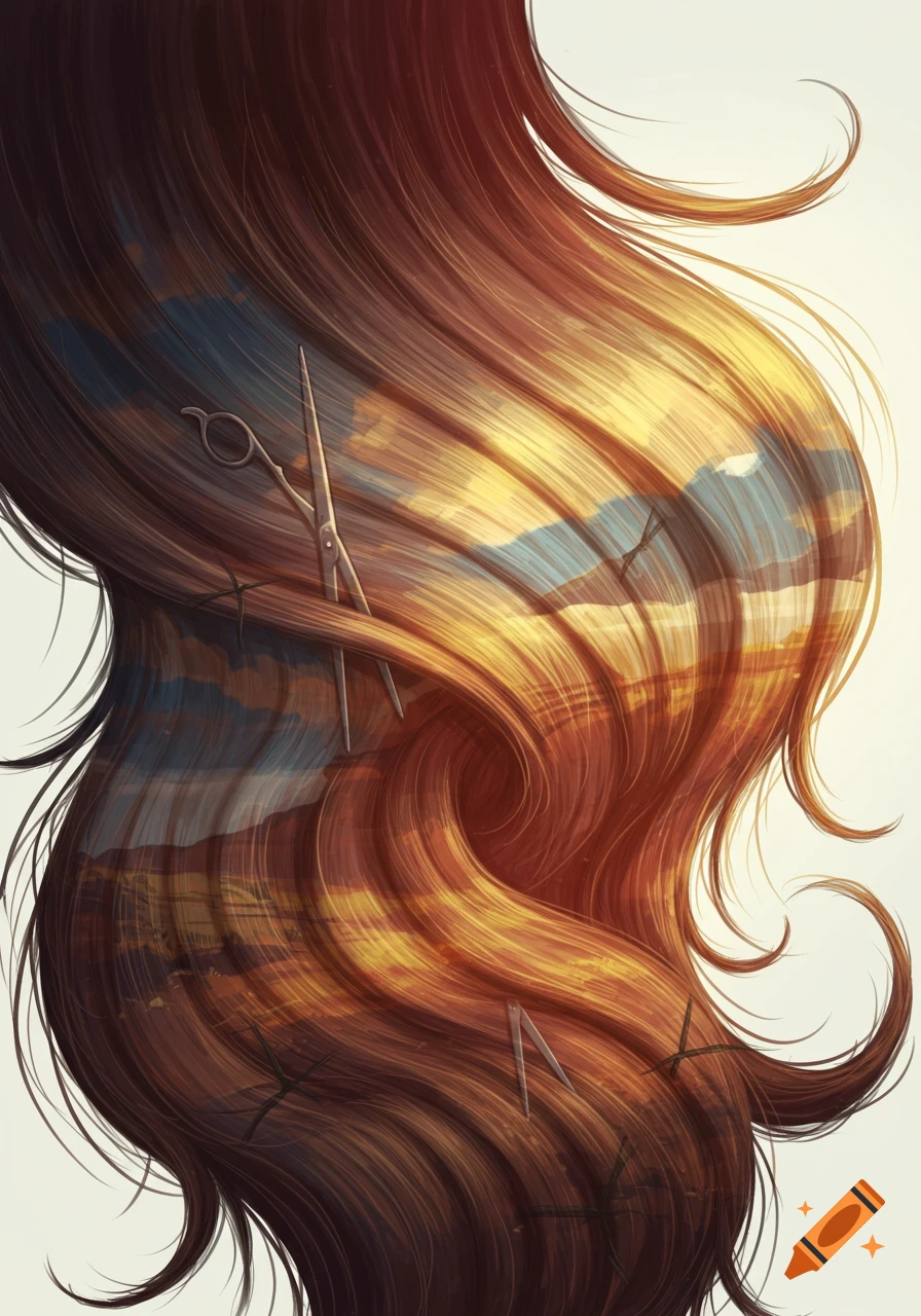 Artistic illustration of long flowing hair in earth tones, layered with a landscape of sky and land, featuring scissors.