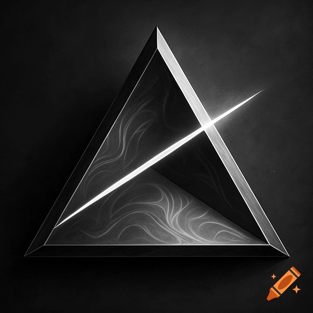 Abstract black and white image of a triangular prism with a diagonal light beam glowing inside, set against a dark background.
