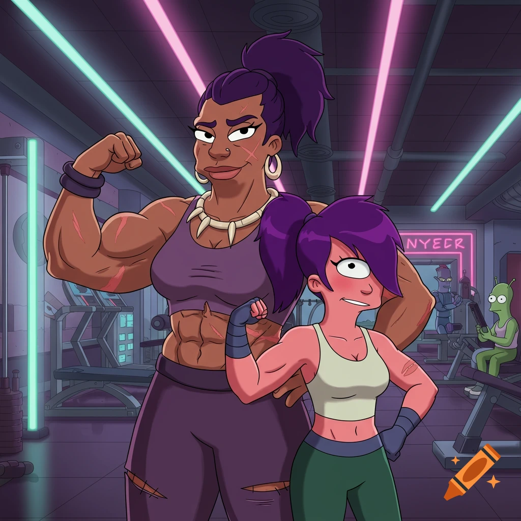 Leela's muscular mother and Leela from Futurama flex their arms at a neon-lit gym in cartoon style.