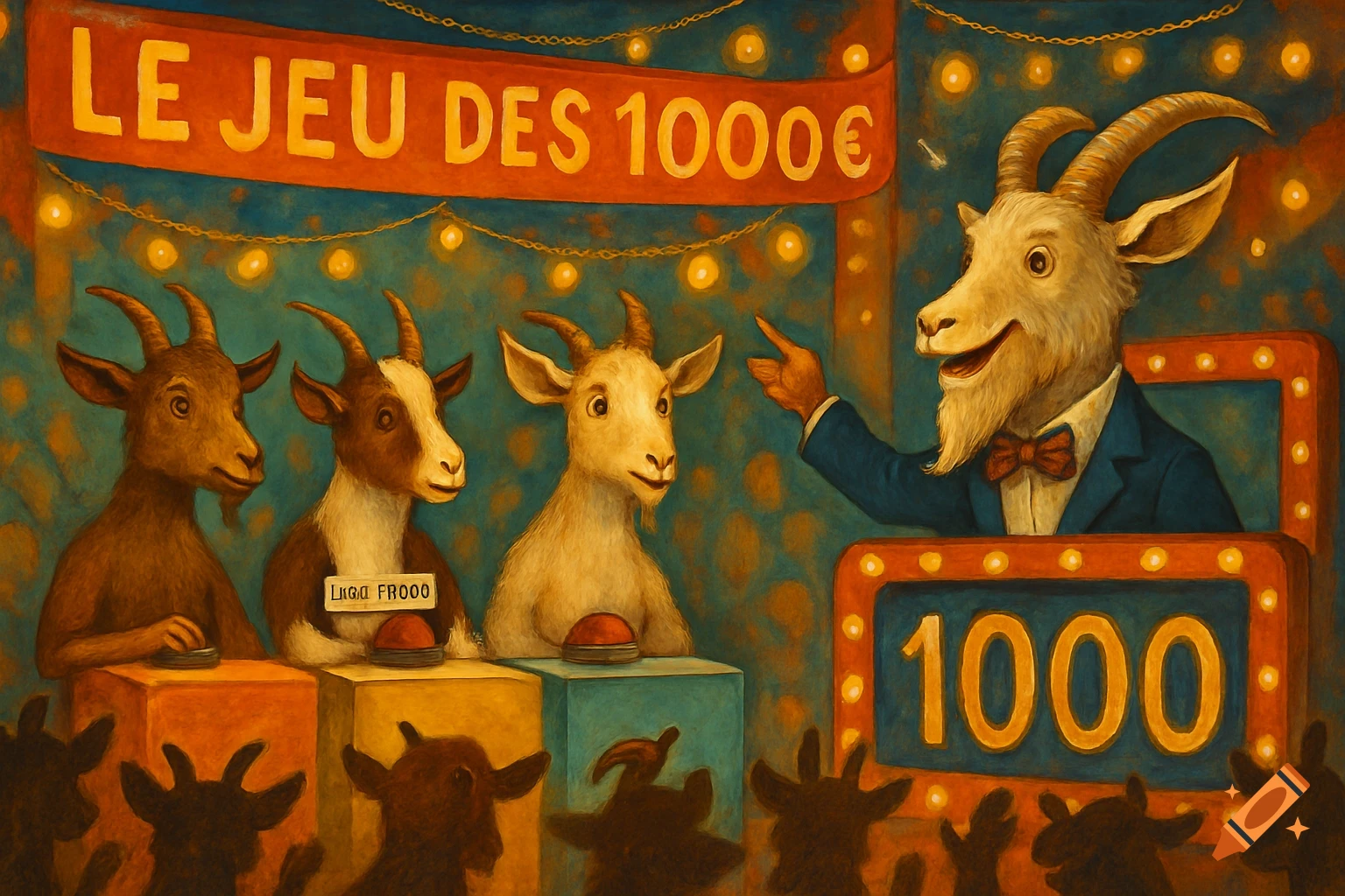 An anthropomorphic goat host in a suit points to three contestant goats at buzzers on a game show stage. A banner reads "LE JEU DES 1000€". Painterly style.