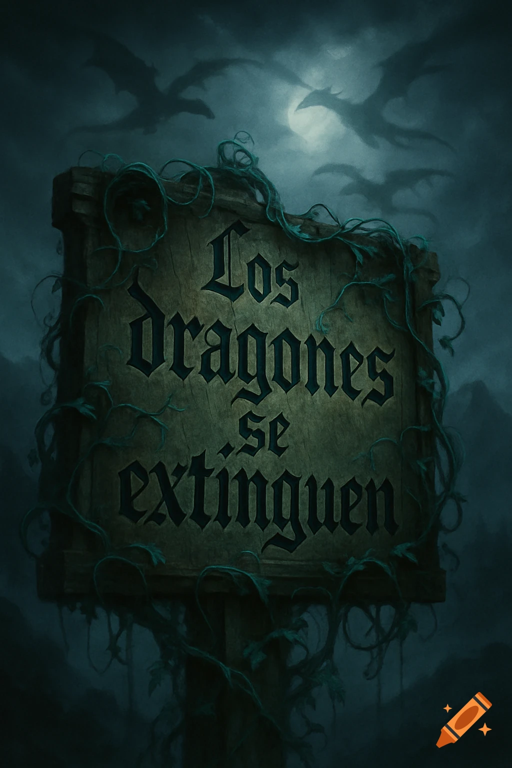 A wooden sign wrapped in dark vines with the Spanish text 'Los dragones se extinguen' under a cloudy night sky with flying dragon silhouettes.