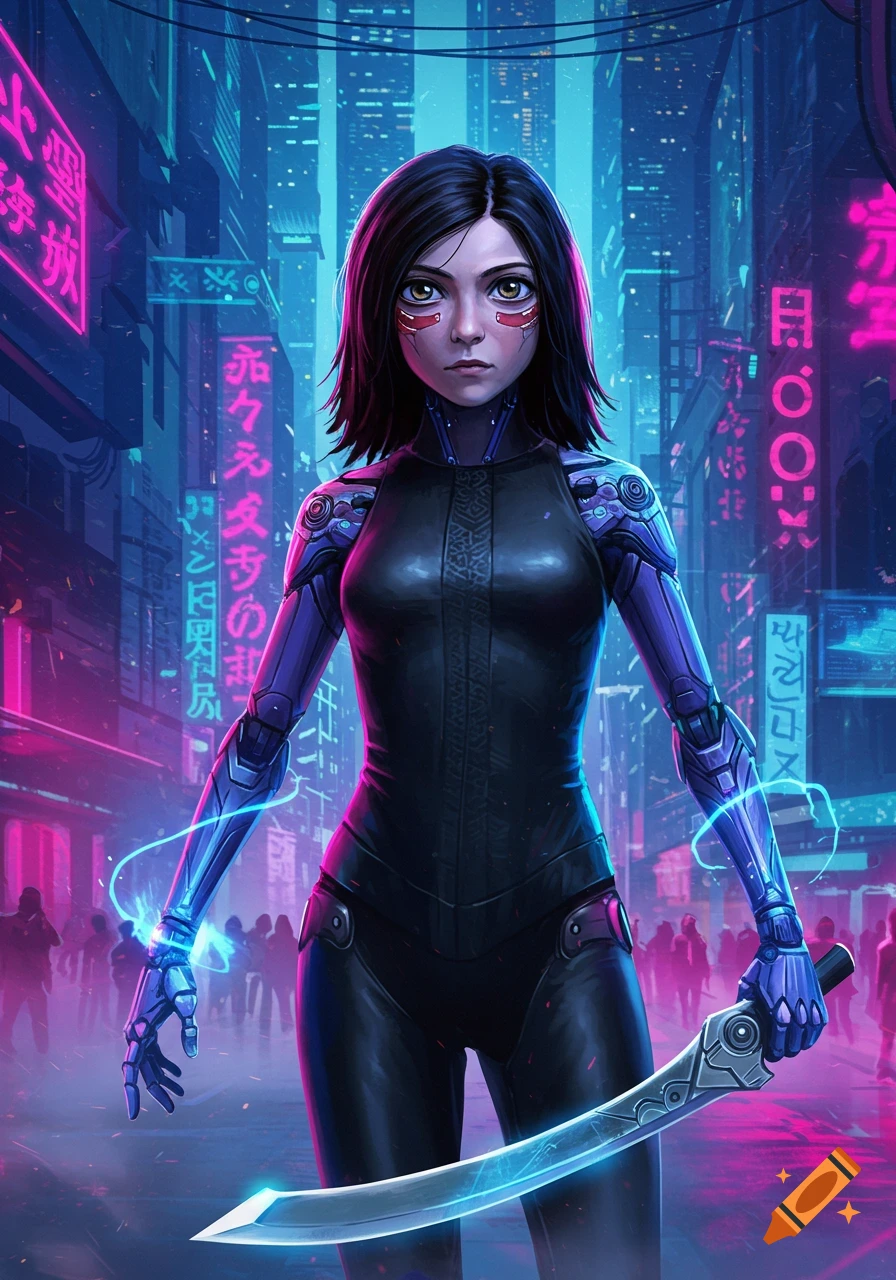 Cyborg warrior resembling Alita in a neon-lit cyberpunk city, holding a glowing katana.