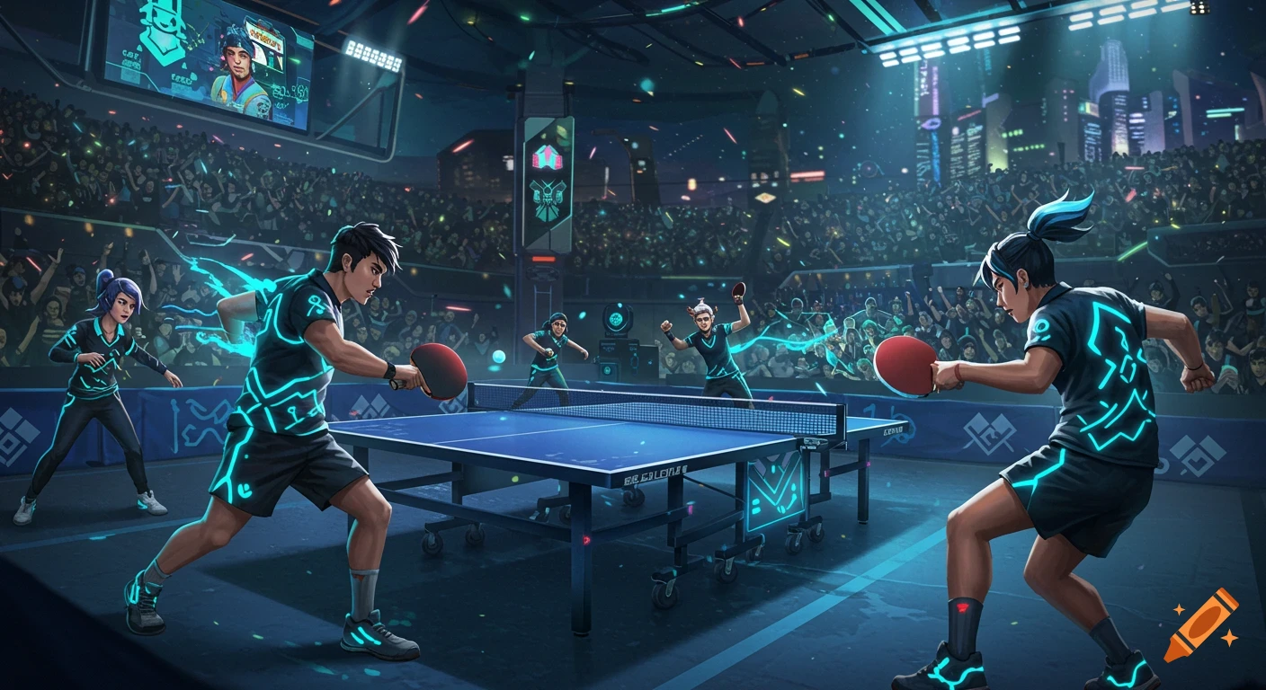Two players in a futuristic arena play intense table tennis with glowing rackets and outfits, watched by a large crowd.