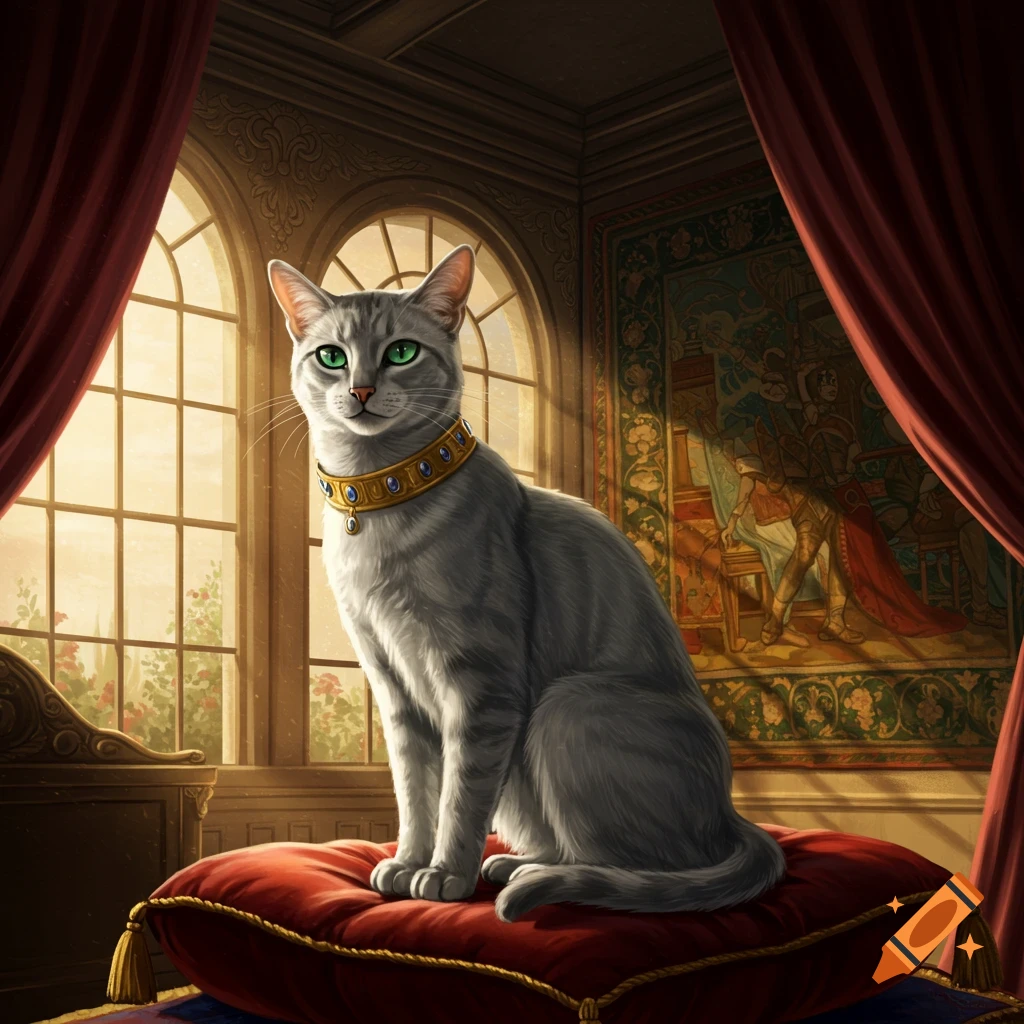 A regal gray cat with emerald eyes and a gold jeweled collar sits on a red velvet cushion in a sunlit opulent room.