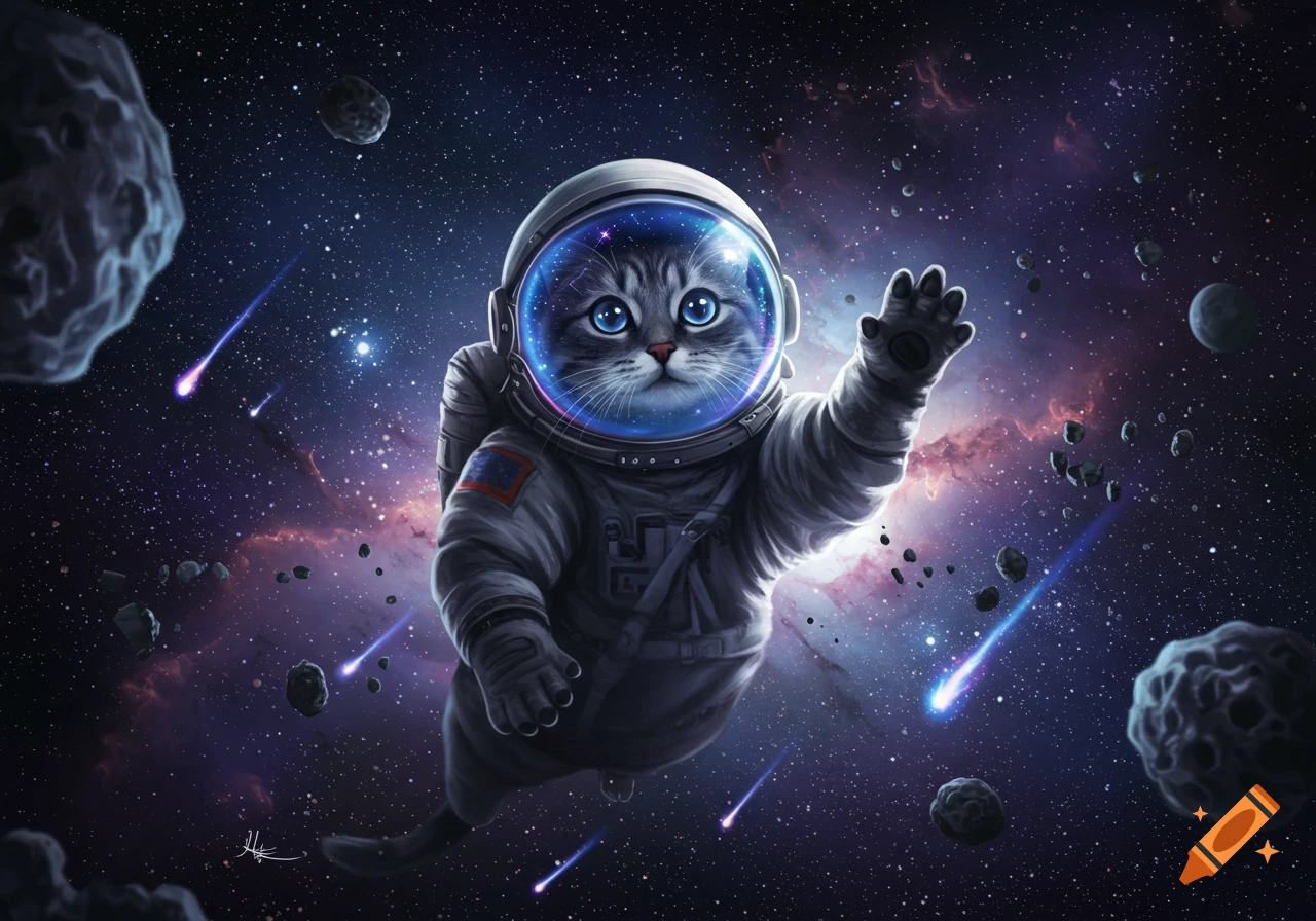 A cute fluffy grey cat in an astronaut suit floats in a vibrant, star-filled galaxy with asteroids and shooting stars.