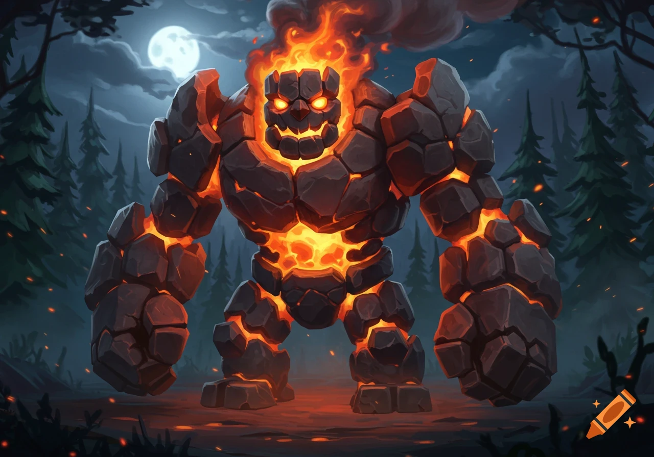 A powerful lava golem stands in a dark forest at night under a full moon, its body made of glowing embers and dark rock.