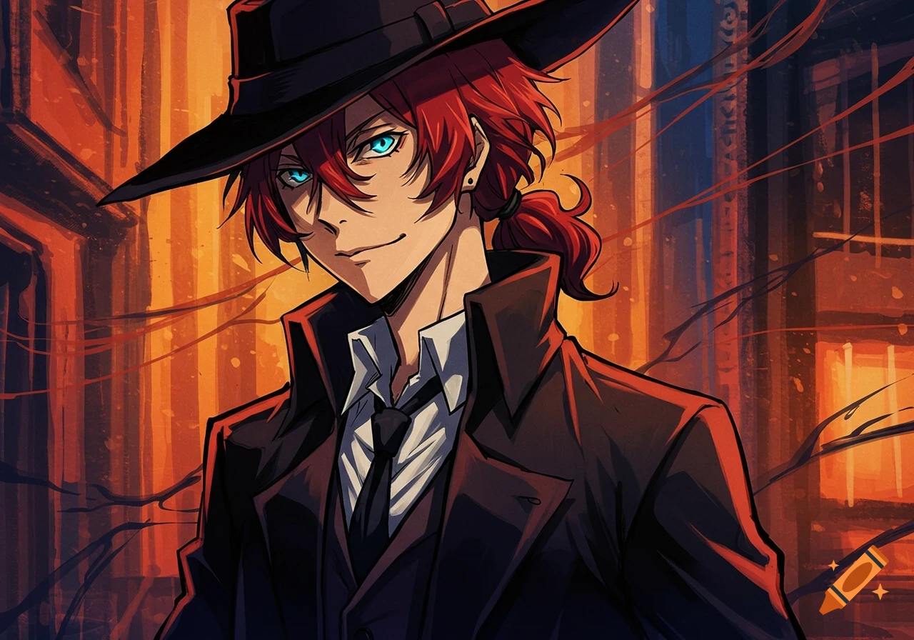 Anime man with red hair and glowing blue eyes, wearing a black fedora and trench coat, against a stylized orange and blue city background.