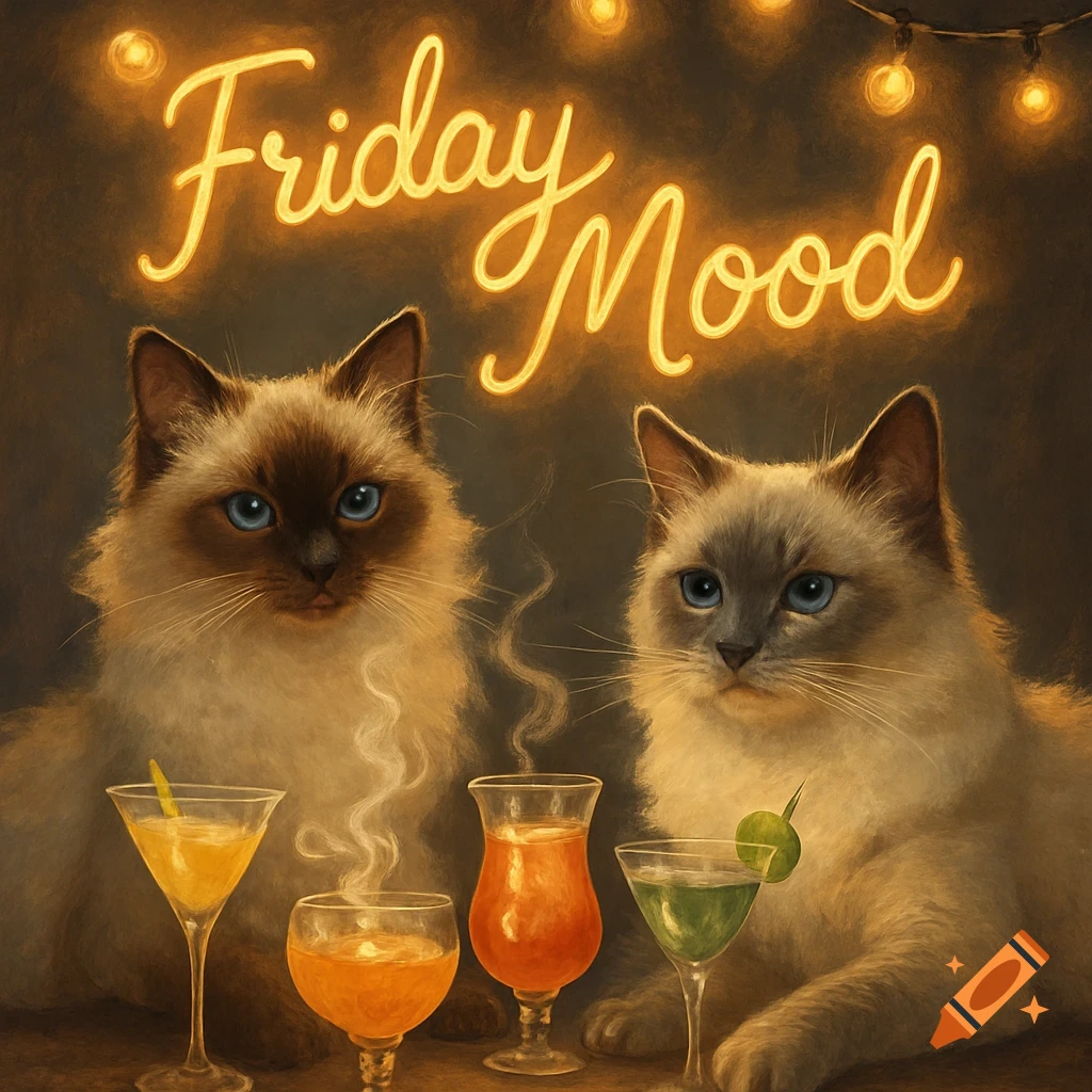 Two Birman cats sit with glowing cocktails under a neon sign that reads 'Friday Mood'.