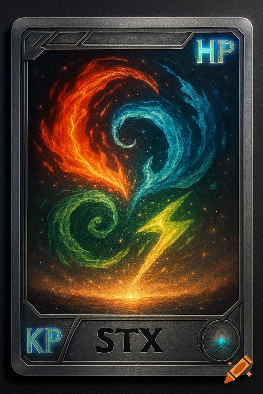 A fantasy trading card with swirling red fire, blue water, green nature, and yellow lightning. Text 'HP', 'KP', and 'STX'.