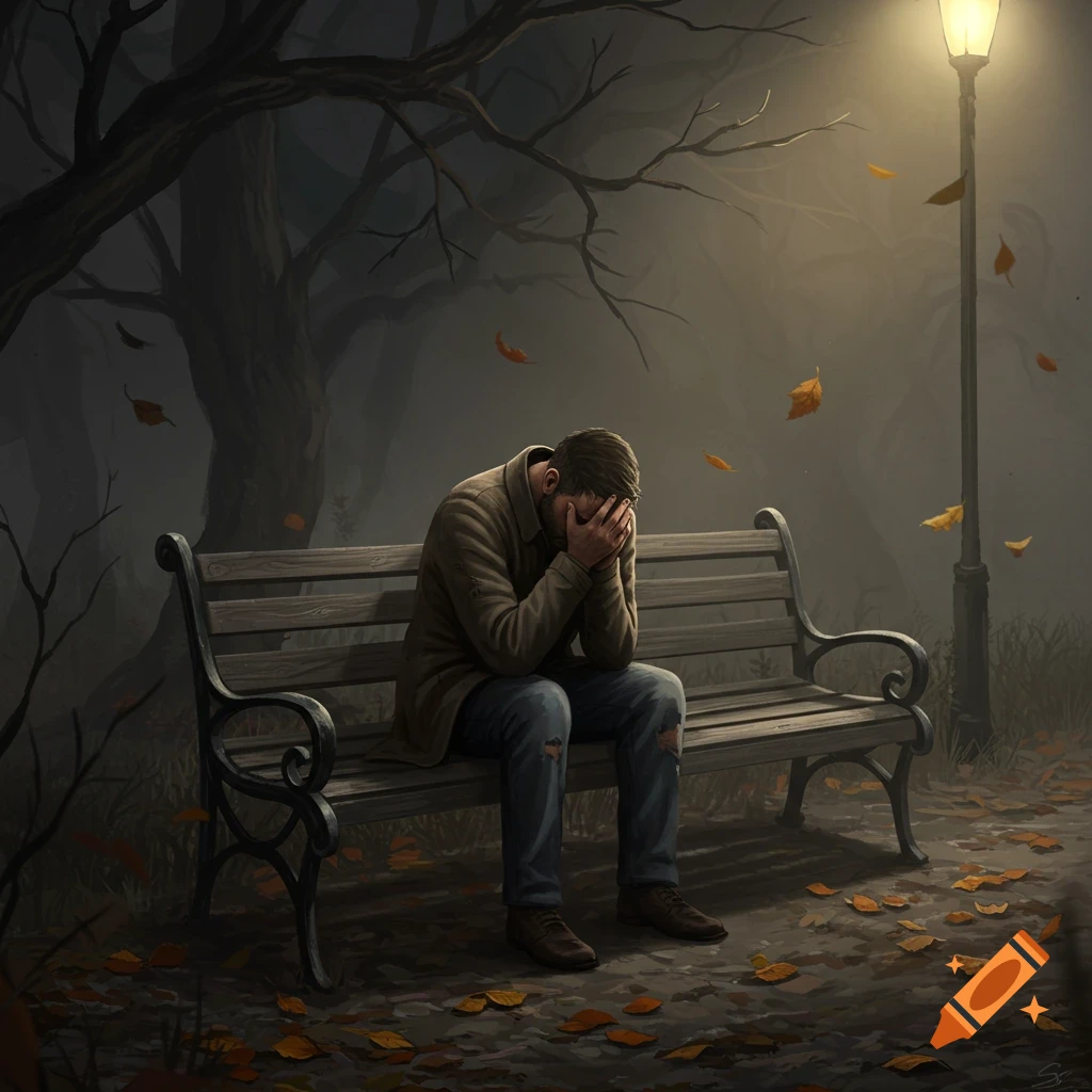 A man sits alone on a park bench in an autumn setting, covering his face with his hands in despair under a streetlamp.