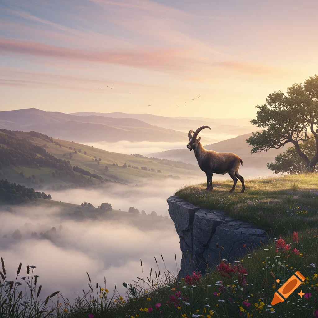 A mountain goat stands on a cliff overlooking a misty valley and mountain range at sunrise, with wildflowers in the foreground. Photorealistic style.