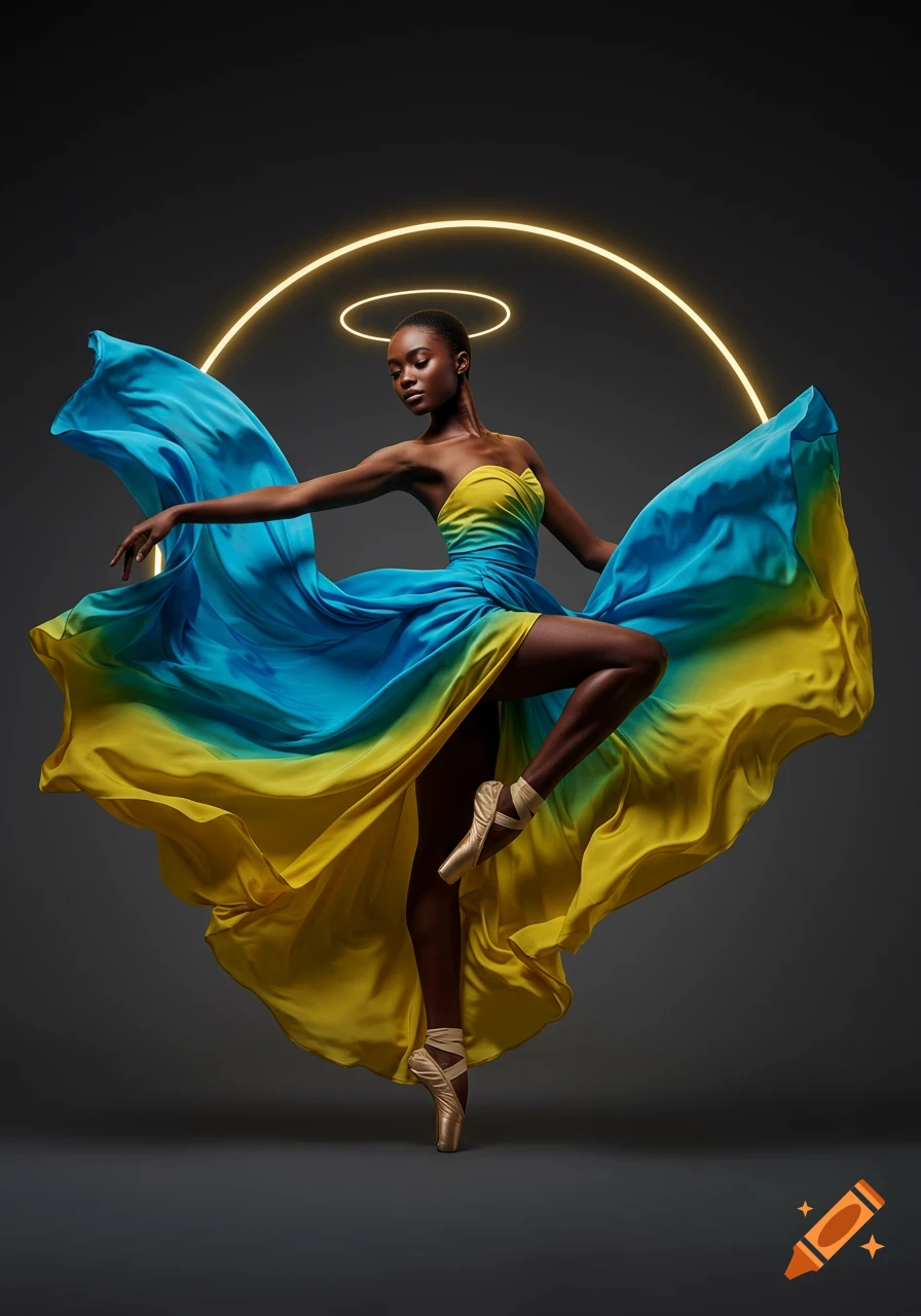 A dark-skinned ballerina in a mid-dance pose, en pointe, wearing a flowing blue and yellow dress, against a dark grey background with a golden halo.