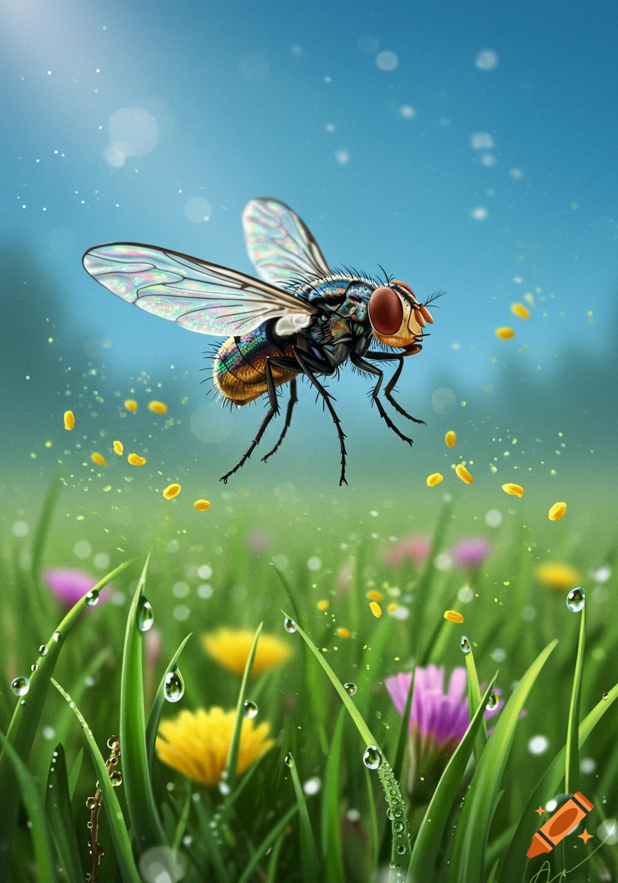 A detailed illustration of a fly hovering over dewy green grass with yellow and purple flowers under a blue sky.