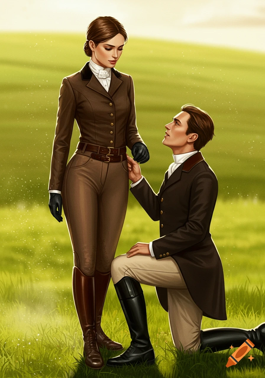 An illustrated scene of a man kneeling before a woman in equestrian attire in a grassy field.