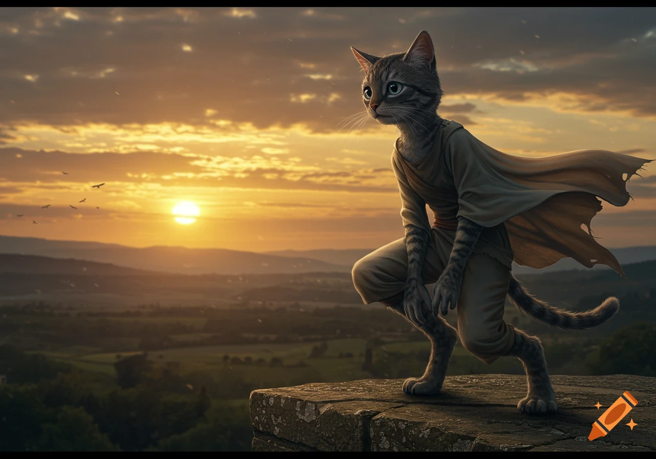 A hyper-realistic cat humanoid in a robe crouches on a stone ledge overlooking a valley at a vibrant sunset.
