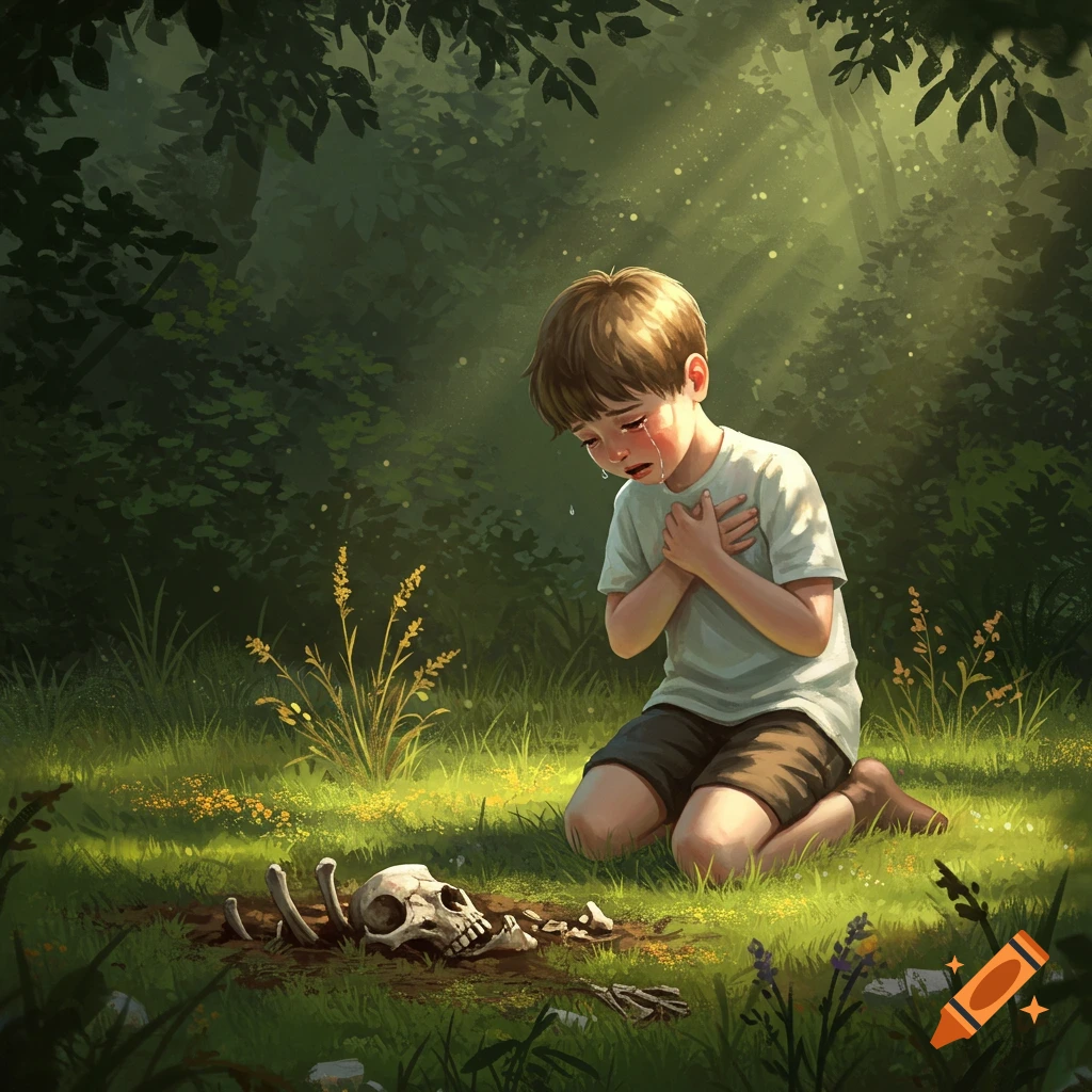 A crying boy kneels in a sunlit forest clearing, looking at a human skull and bones in the dirt, in a poignant illustration.