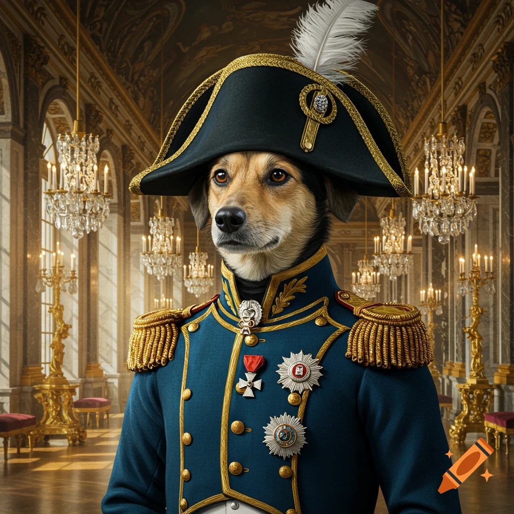 A dog in a blue Napoleonic military uniform and bicorne hat stands in an opulent palace hall with chandeliers. Photorealistic.