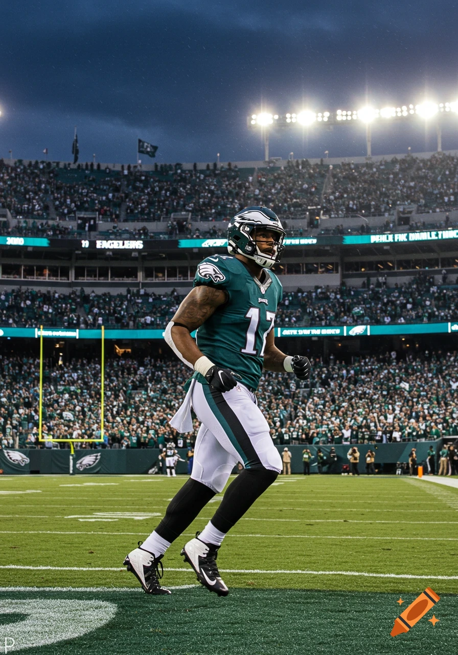 A photorealistic image of a Philadelphia Eagles football player, number 17, running on a green field in a stadium packed with fans under a stormy sky.