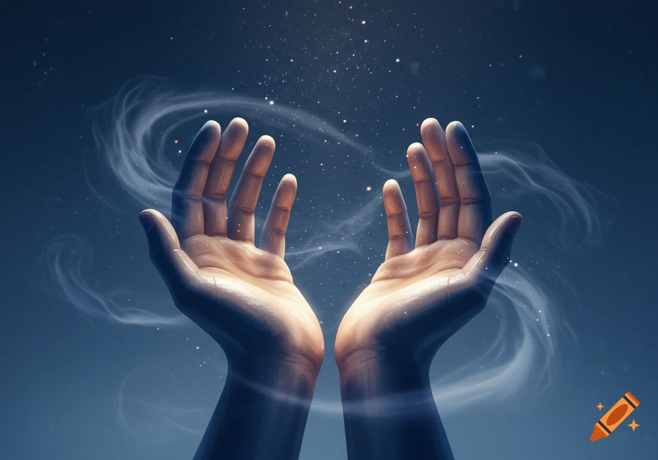 Two open hands reaching upwards amid swirling light and stars in a mystical, dark blue void.