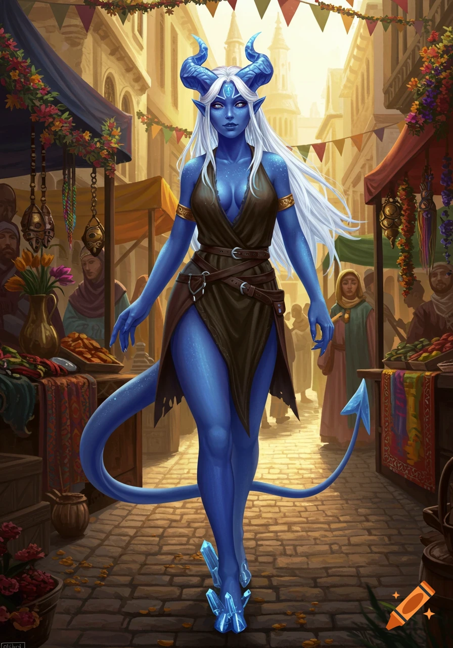 A sapphire-skinned Tiefling woman with white hair, crystal horns, and a tail walks through a bustling medieval market in a digital painting.