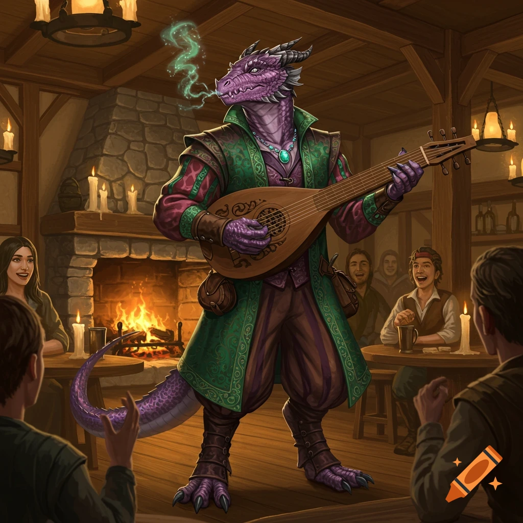 A purple dragonborn bard in green robes plays a lute in a warm, candlelit tavern to an appreciative audience.