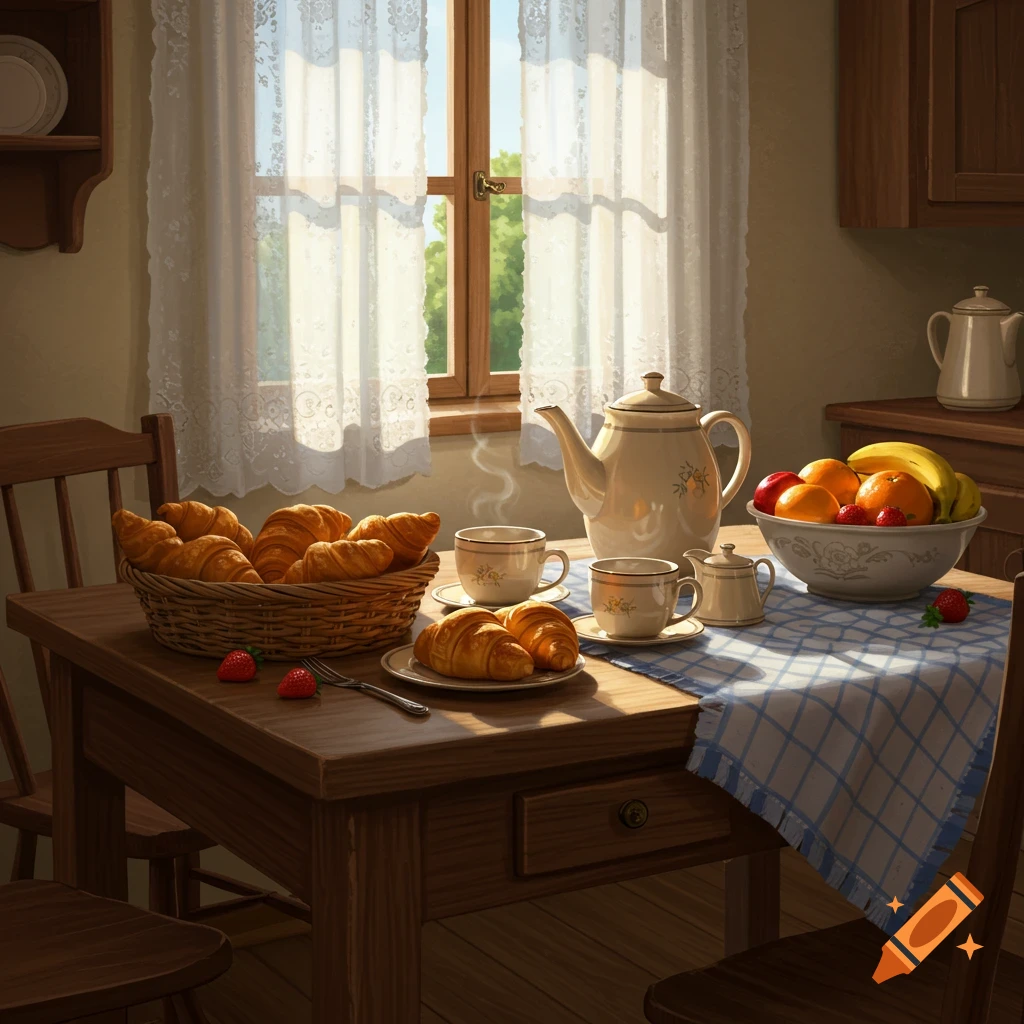 A rustic breakfast table with croissants, fruit, a teapot, and cups, bathed in warm sunlight from a window.
