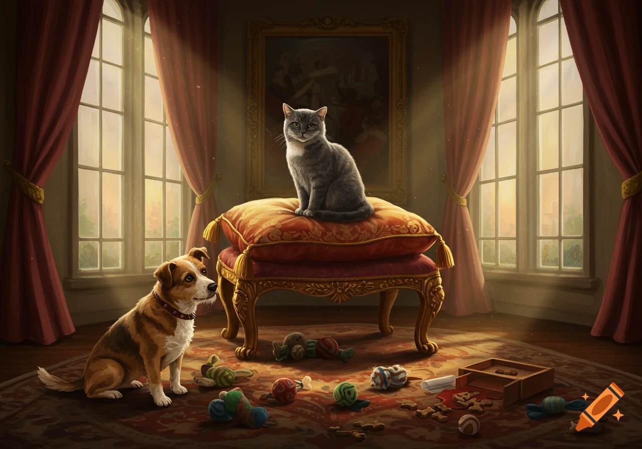 A gray cat on a red cushion and a brown and white dog on a rug with toys in a lavish room with large windows.