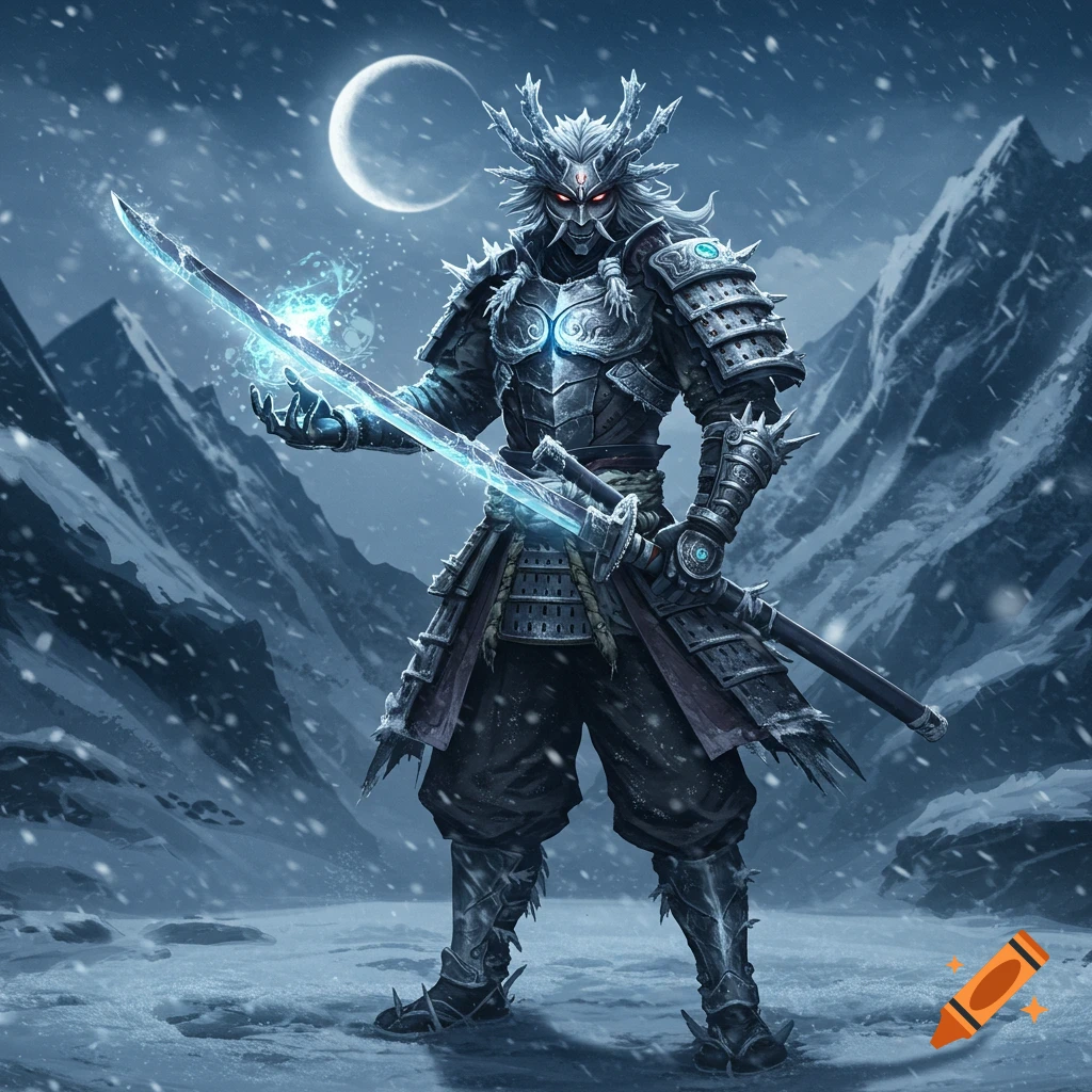A dark fantasy warrior in horned armor and a mask, holding a glowing sword in a snowy mountain landscape under a crescent moon.