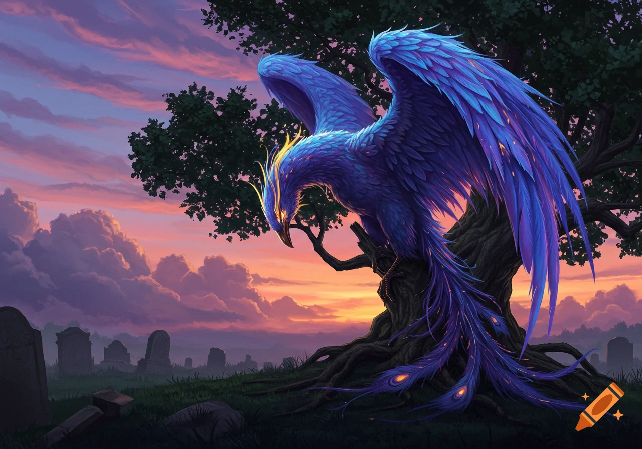 A majestic blue and purple phoenix with glowing yellow accents perches on a gnarled tree, its head bowed, overlooking a graveyard at sunset with a vibrant pink and purple sky.