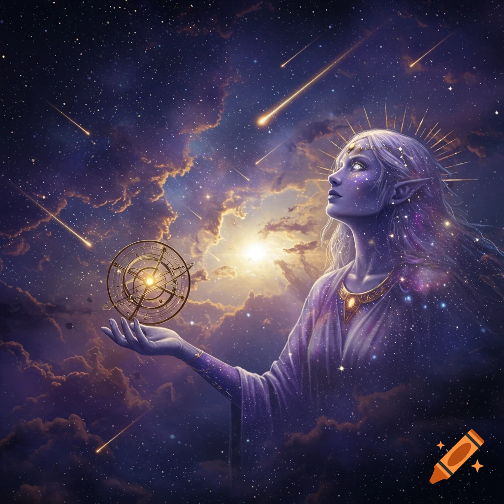 A glowing elf-like figure in a starry sky holds a golden astrological device, looking up at shooting stars and cosmic clouds.
