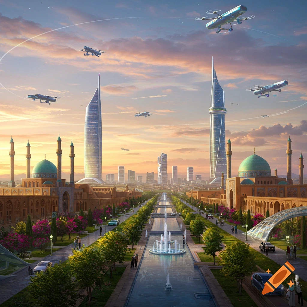 Majestic futuristic city with sleek skyscrapers and traditional mosques, a canal with fountains, green trees, and flying drones under a sunset sky.