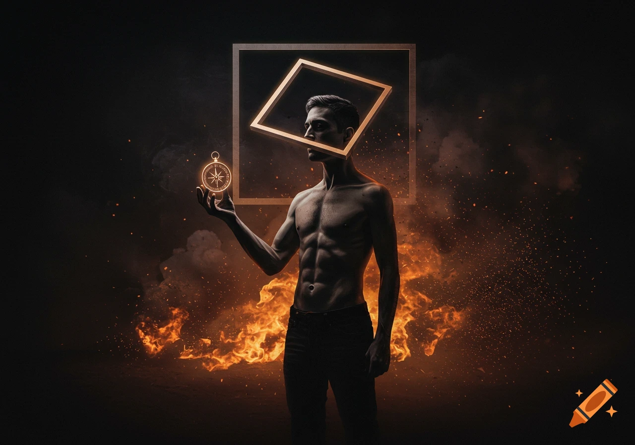 Shirtless man standing in fire, holding a glowing compass, with a square frame around his head in a dark, dramatic, symbolic style.
