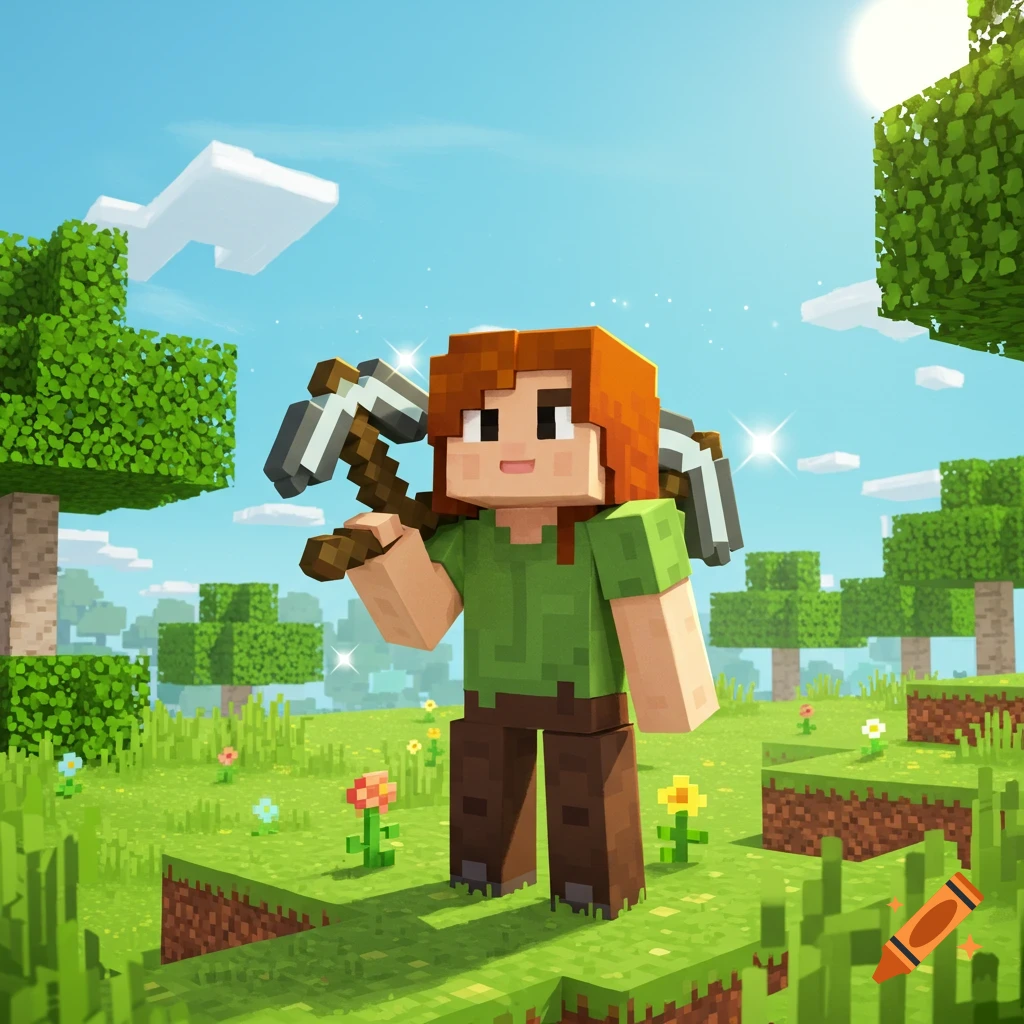 Alex from Minecraft with two pickaxes on her shoulders, standing in a sunny, blocky green landscape.