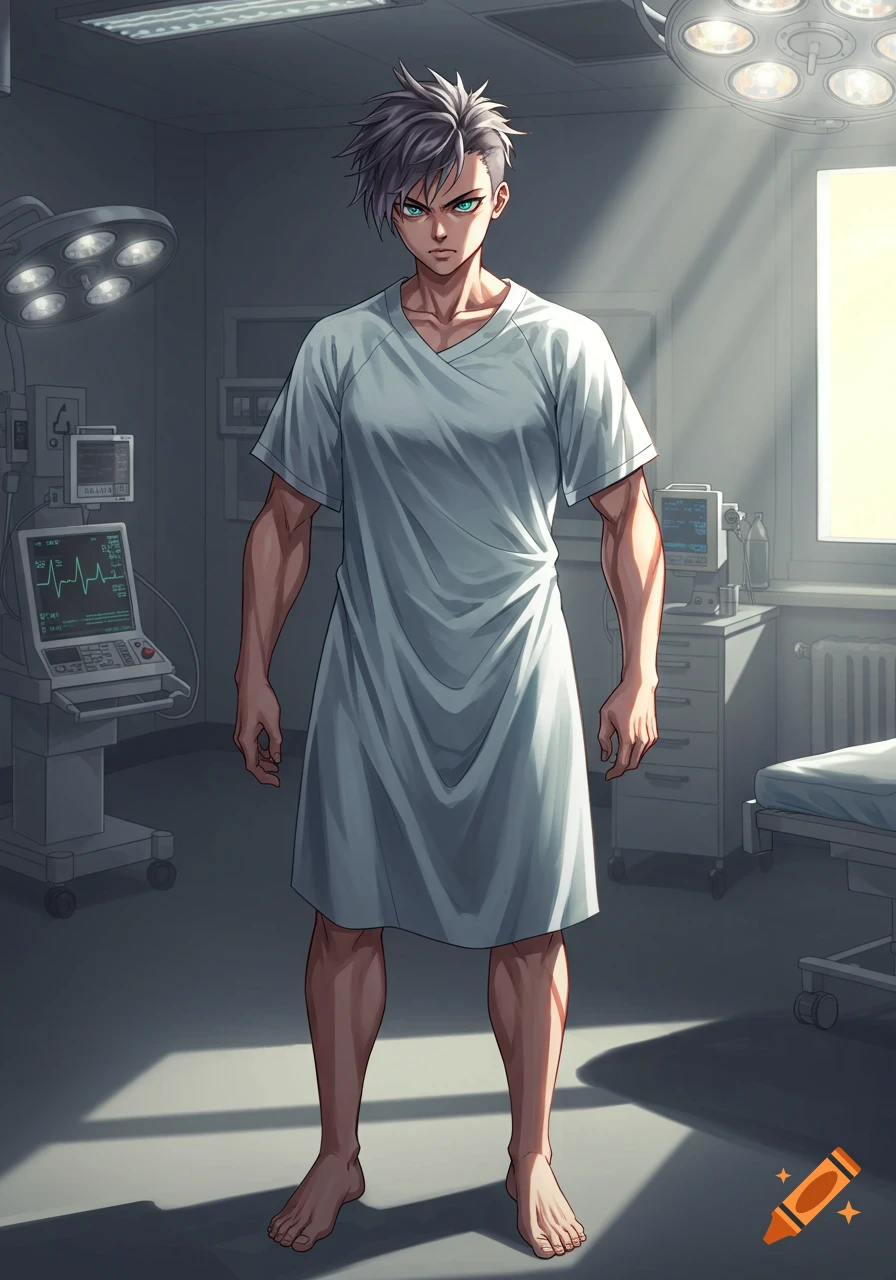 Anime character with spiky gray hair and teal eyes standing in a hospital gown in an operating room.