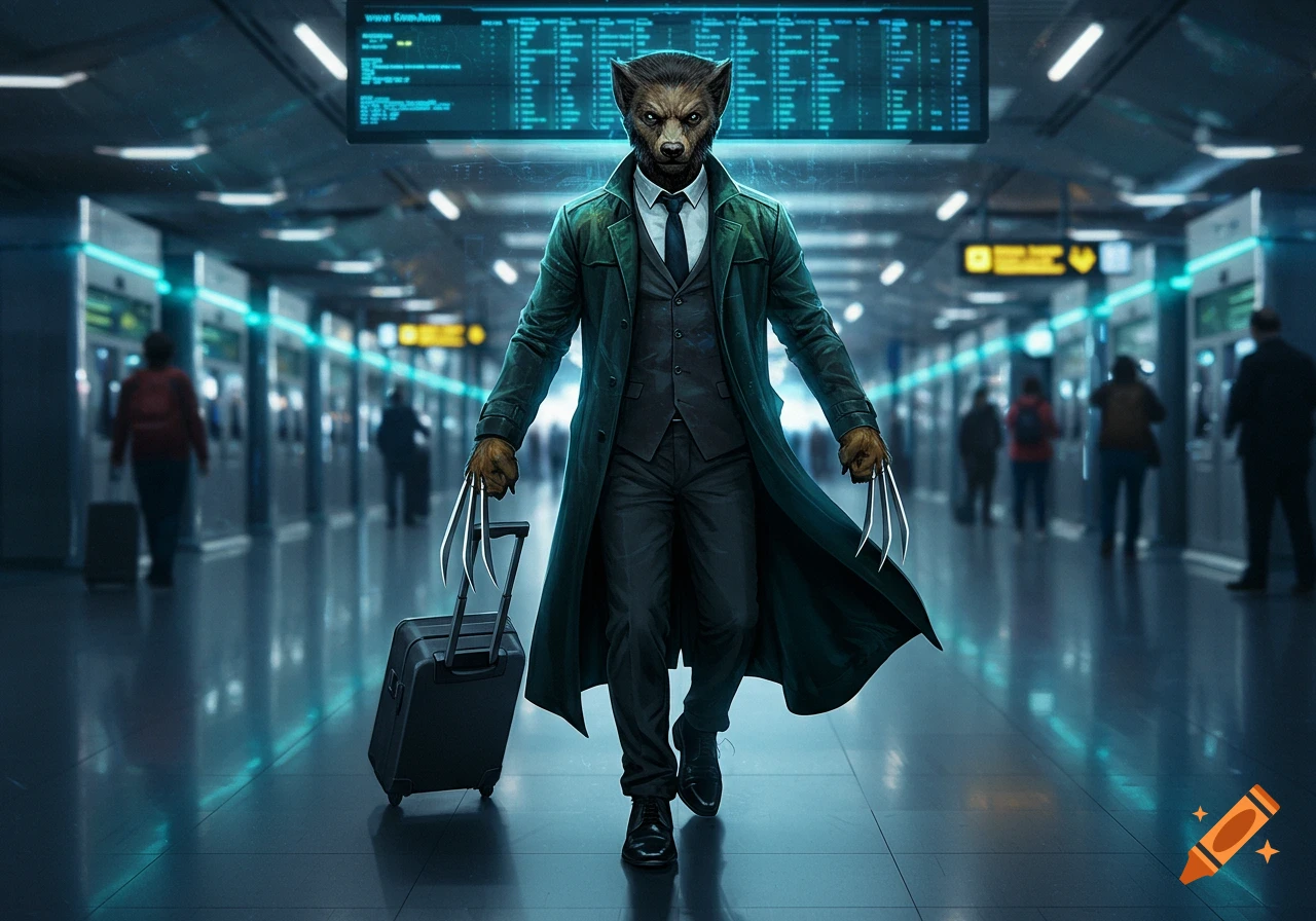 A photorealistic Wolverine-like character with metal claws, wearing a suit and trench coat, walks through a futuristic airport pulling a suitcase.