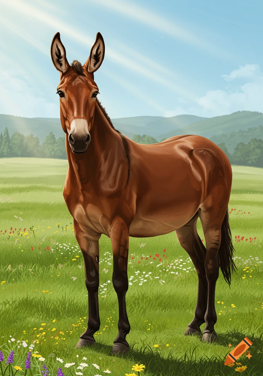 An illustrated brown mule stands in a sunny green field filled with colorful wildflowers under a blue sky.