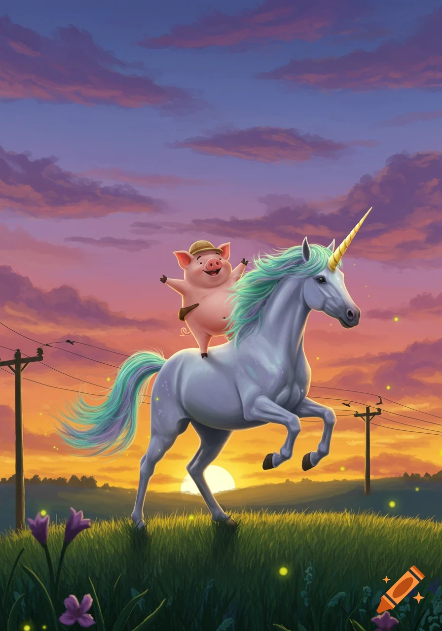 Cartoon pig happily riding a unicorn through a grassy field at sunset with colorful clouds.