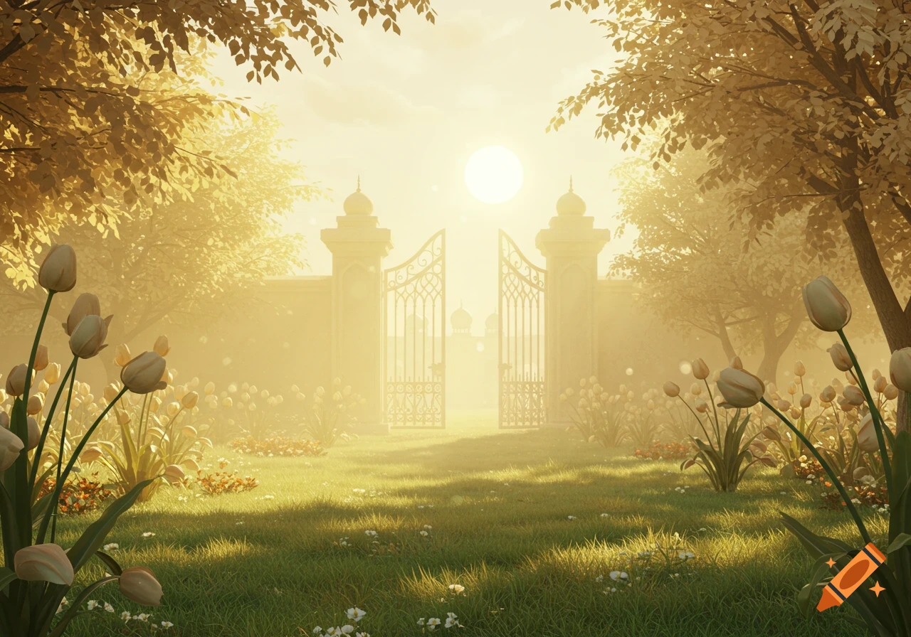 A path through a dreamy golden garden with blooming tulips leads to an ornate open gate, bathed in ethereal sunlight.