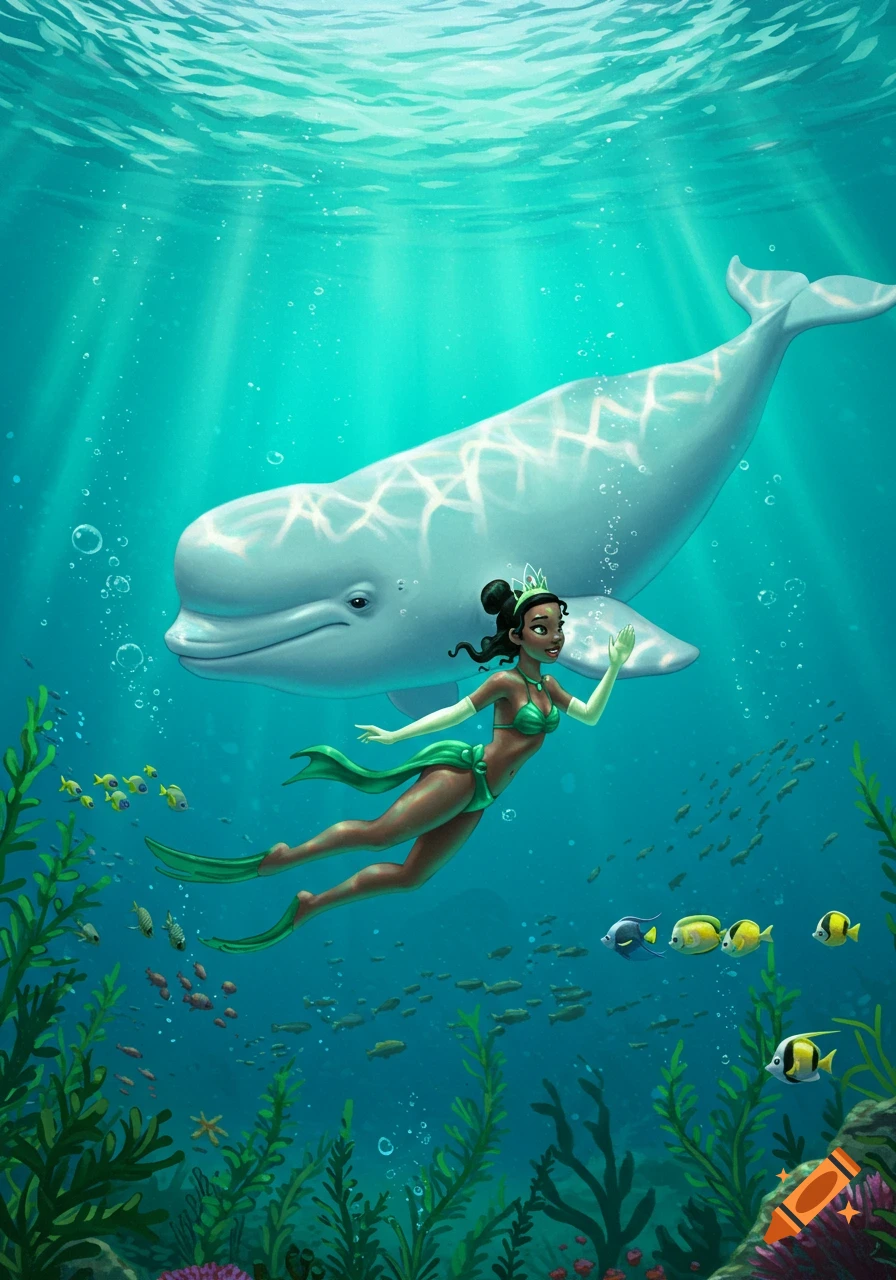 Cartoon Princess Tiana in a green bikini swims underwater with a white beluga whale, surrounded by colorful fish and coral.